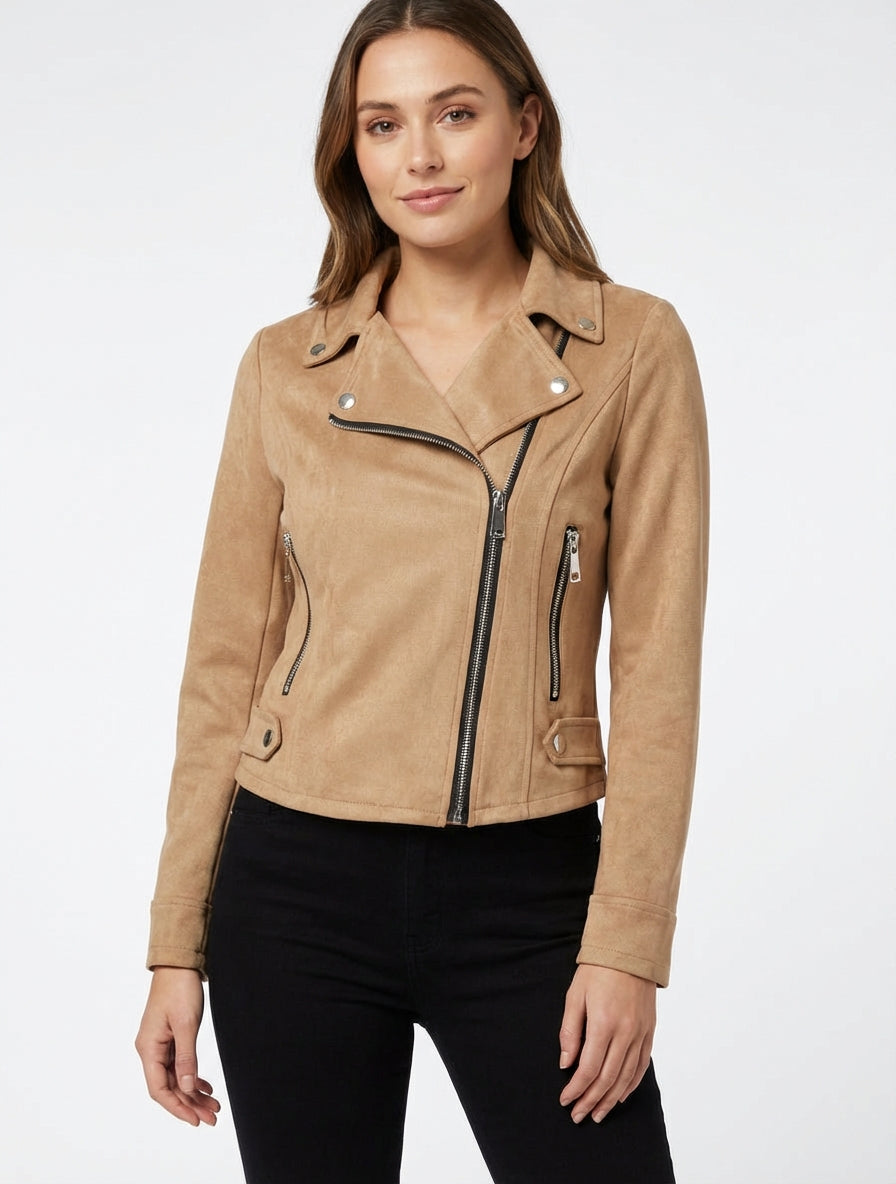 Giacca in suede con chiusura a zip - Camello chiaro