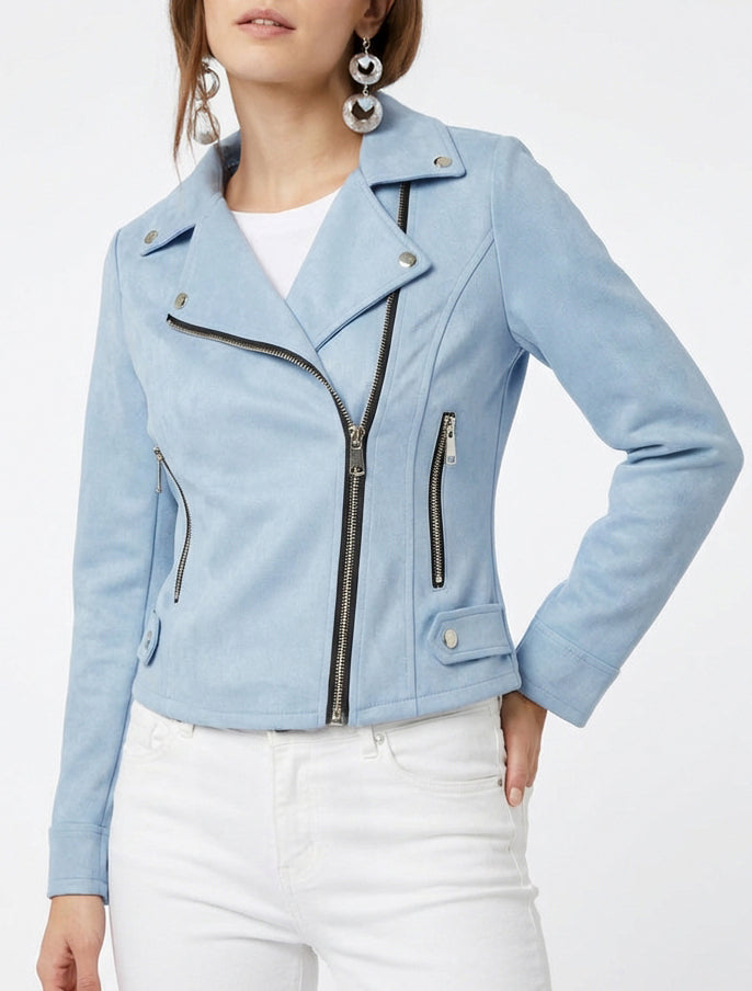 Giacca in suede con chiusura a zip - Azzurro cielo