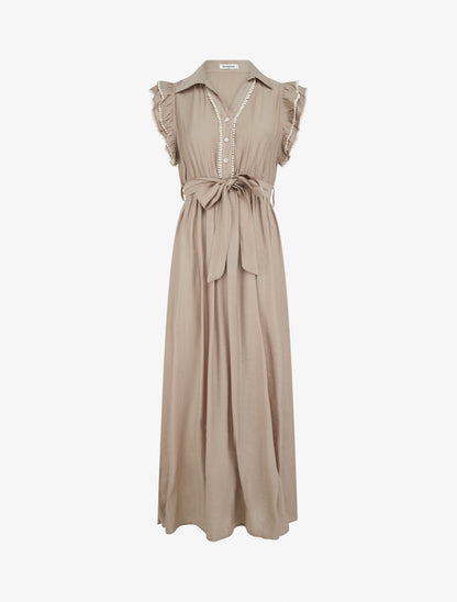 Robe longue à mancherons volantés en crochet - Taupe - 1