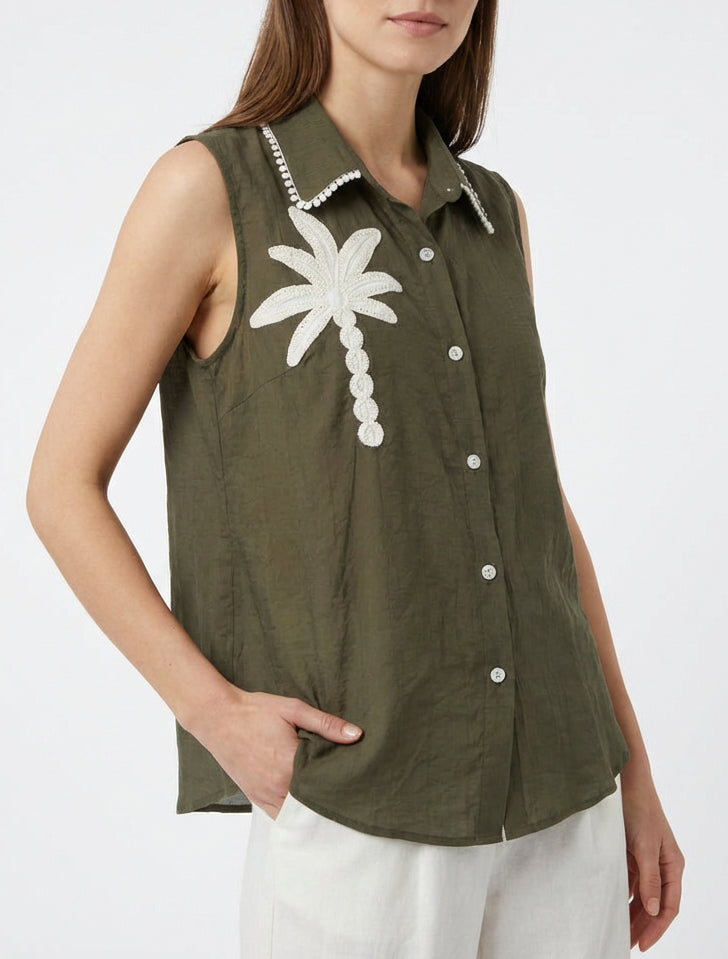 Camicia senza maniche con ricamo di palma - Cachi