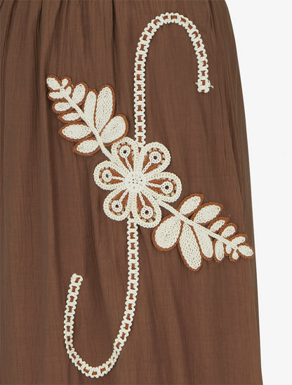 Jupe longue évasée à motif floral brodé - Marron - 3