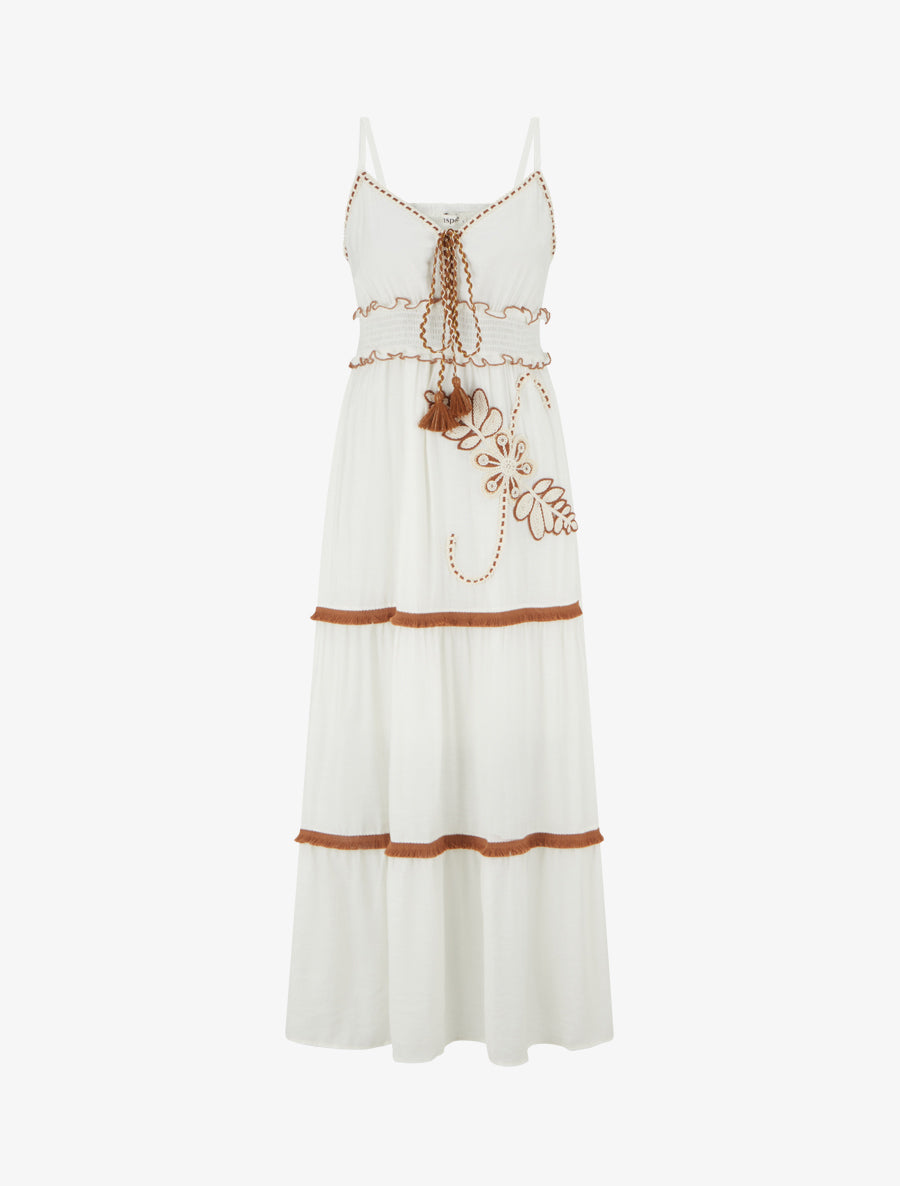 Robe longue à fines bretelles et broderie florale - Blanc - 1