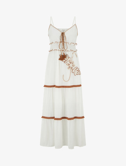 Robe longue à fines bretelles et broderie florale - Blanc - 1