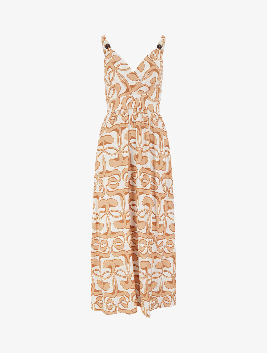 Robe longue à bretelles perlées et imprimé graphique - Camel - 1