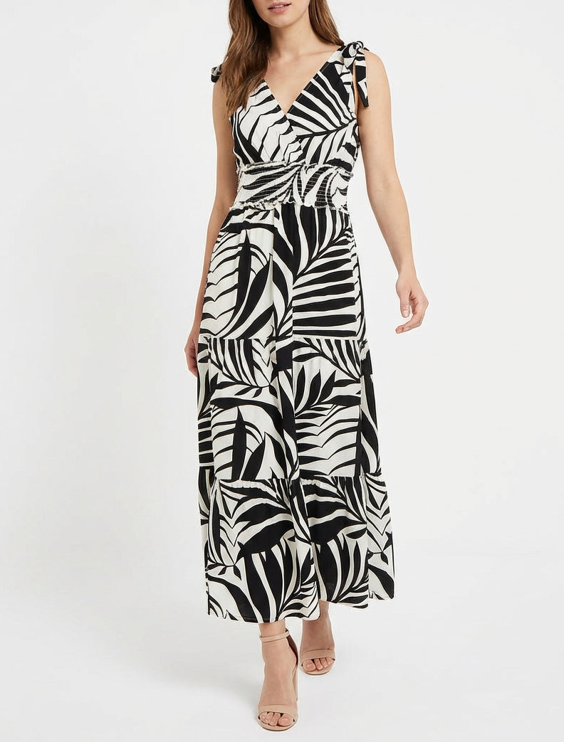 Abito stampato fogliame con spalline annodate - Nero