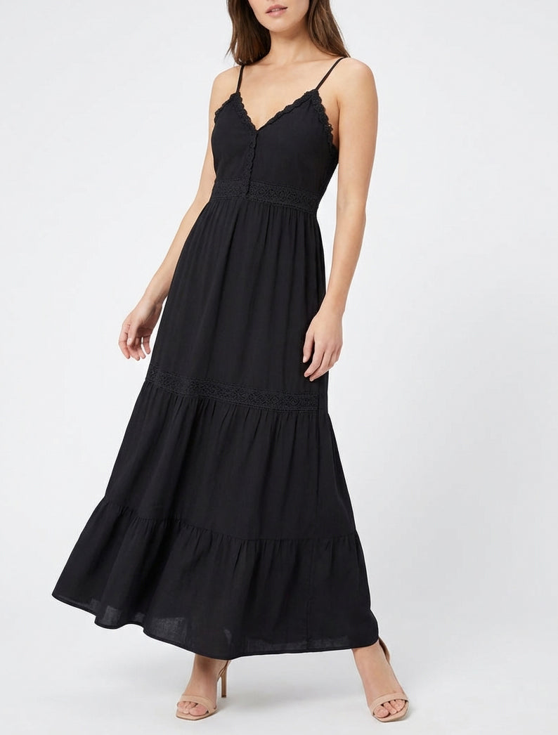 Abito elasticizzato con inserti in crochet - Nero