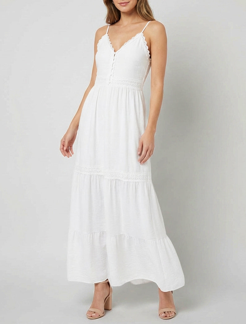 Abito elasticizzato con inserti in crochet - Bianco