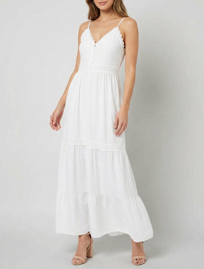 Abito elasticizzato con inserti in crochet - Bianco