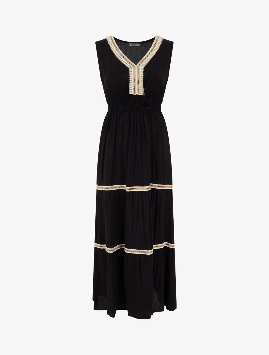 Robe évasée sans manches à col macramé - Noir - 1