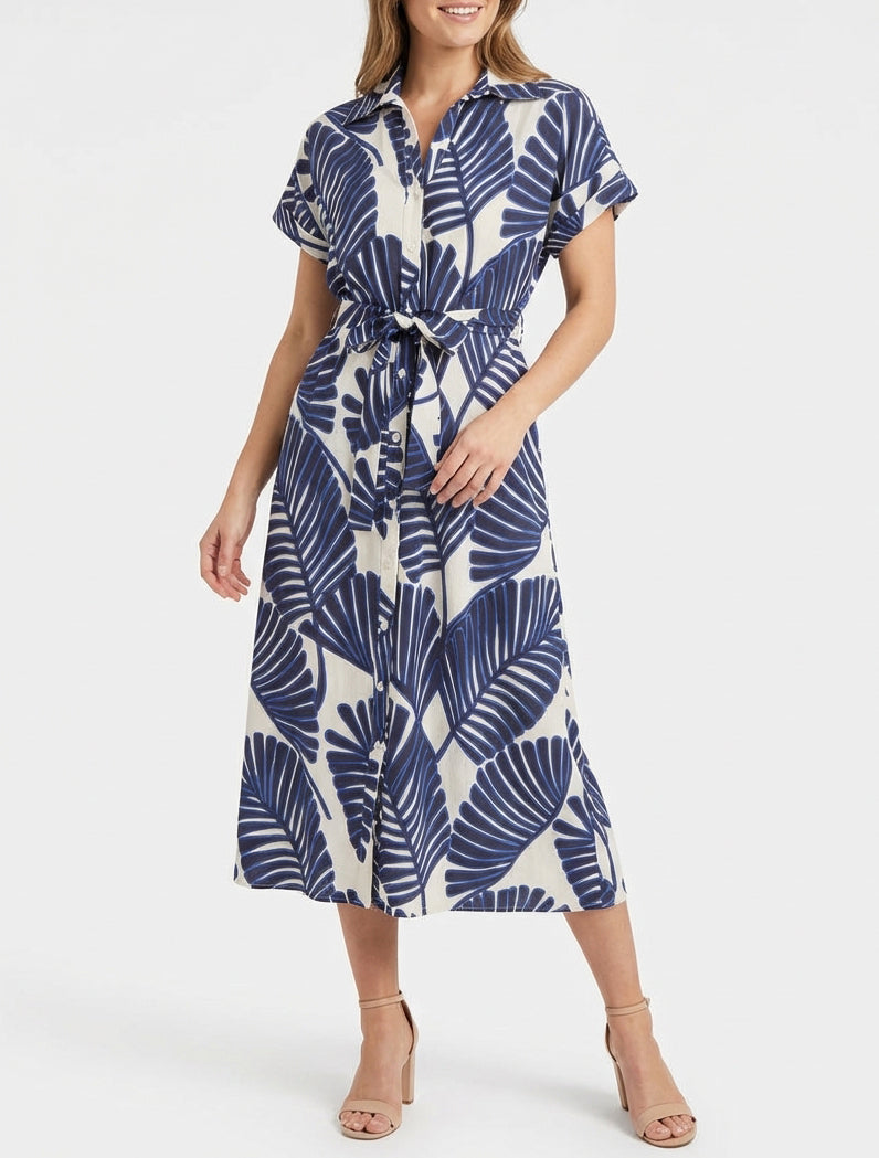 Abito camicia a stampa tropicale a maniche corte - Blu