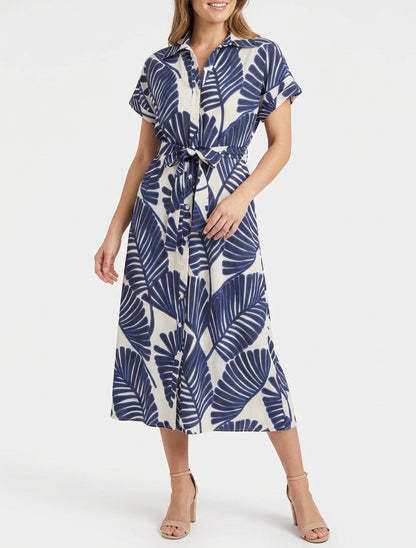 Abito camicia a stampa tropicale a maniche corte - Blu
