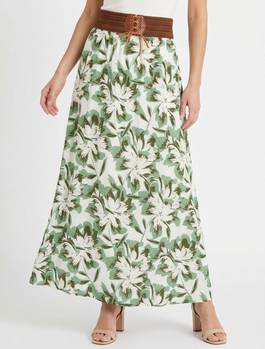 Gonna lunga elasticizzata con stampa floreale - Verde