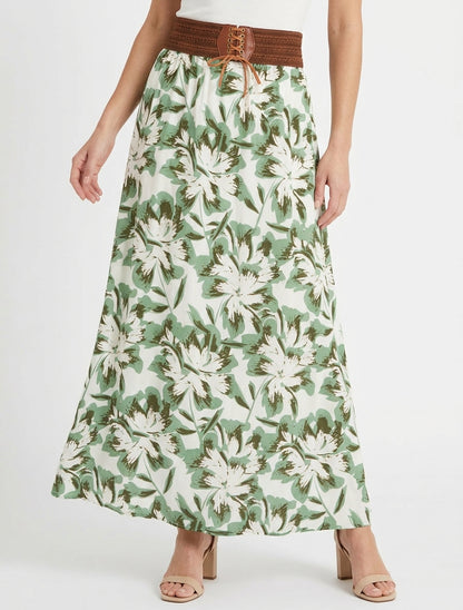 Gonna lunga elasticizzata con stampa floreale - Verde