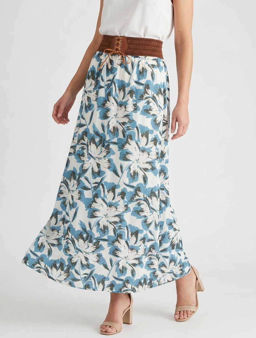 Gonna lunga elasticizzata con stampa floreale - Blu chiaro
