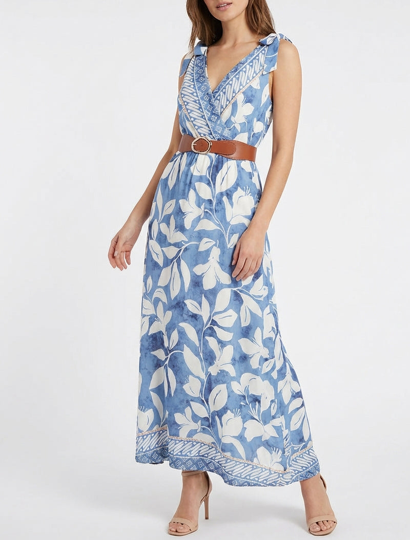 Abito a fiori tropicali con spalline da annodare - Blu chiaro