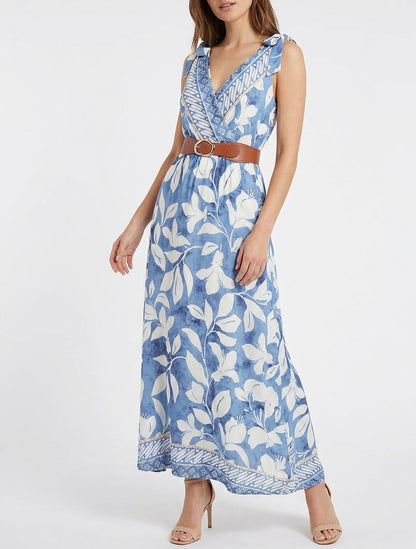 Abito a fiori tropicali con spalline da annodare - Blu chiaro