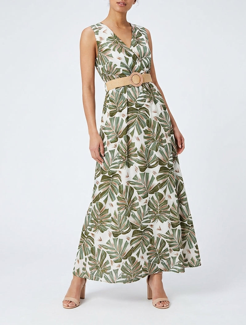 Abito lungo svasato senza maniche stampa tropicale - Cachi