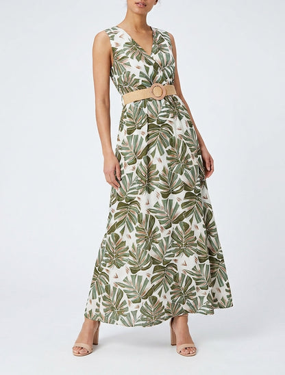Abito lungo svasato senza maniche stampa tropicale - Cachi