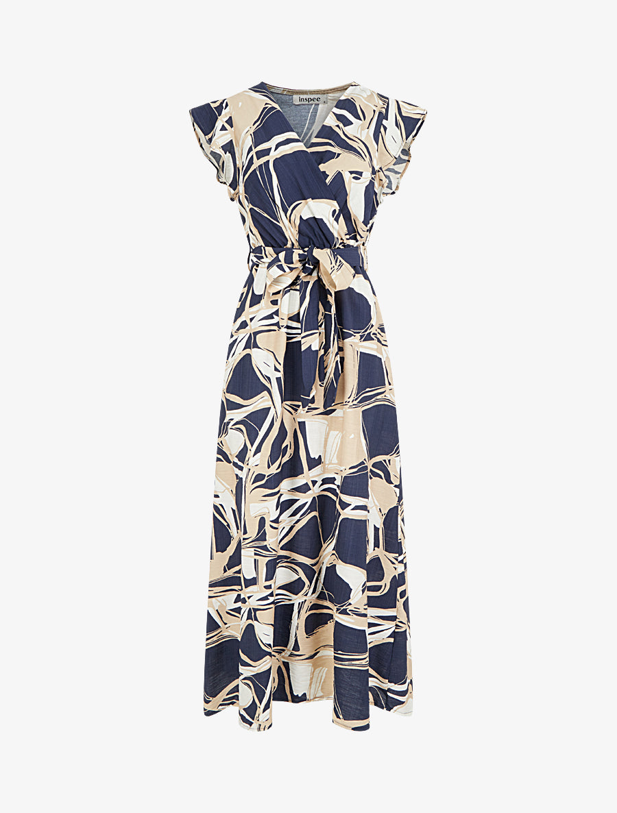 Robe longue évasée imprimé fantaisie - Marine - 1