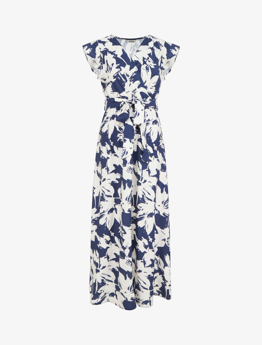 Robe longue imprimé fleurs tropicales à manches courtes - Marine - 1