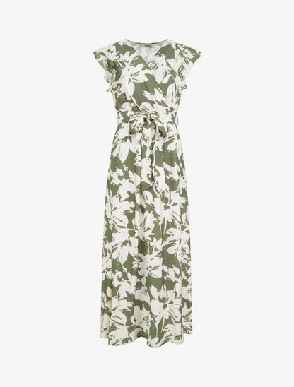 Robe longue imprimé fleurs tropicales à manches courtes - Kaki - 1