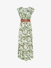 Robe longue fleurie à mancherons volantés - Vert - 1