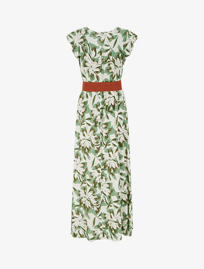 Robe longue fleurie à mancherons volantés - Vert - 2