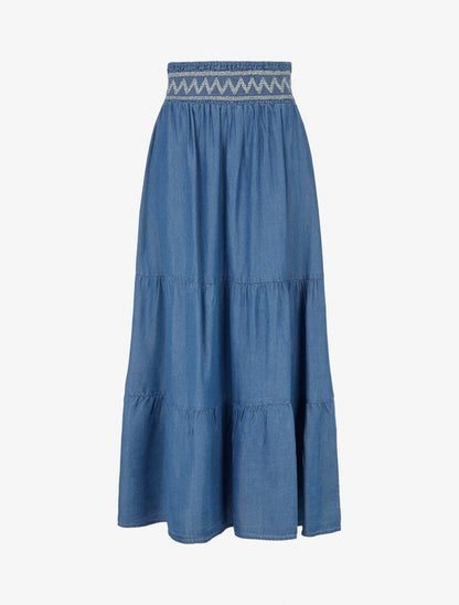 Jupe longue évasée à taille élastiquée fantaisie - Bleu denim - 1