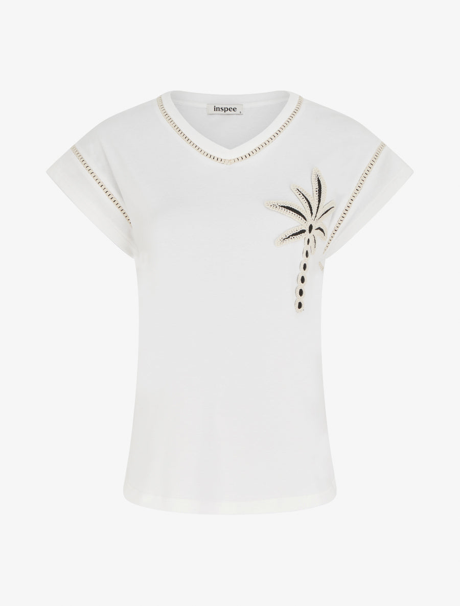 T-shirt manches courtes à palmier brodé - Blanc - 1
