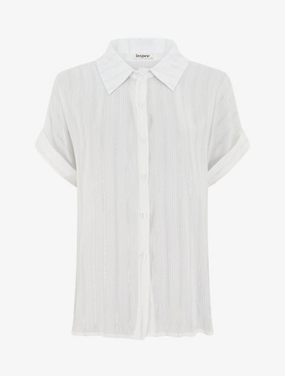 Chemise ample manches courtes à fine rayures irisées - Blanc - 1