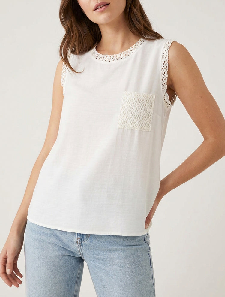 Top senza maniche dritto con tasca in crochet - Ecrù