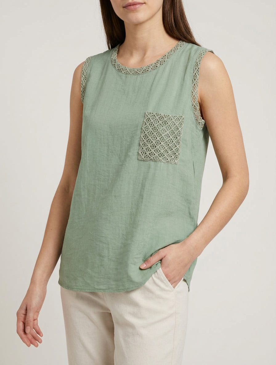 Top senza maniche dritto con tasca in crochet - Beige chiaro