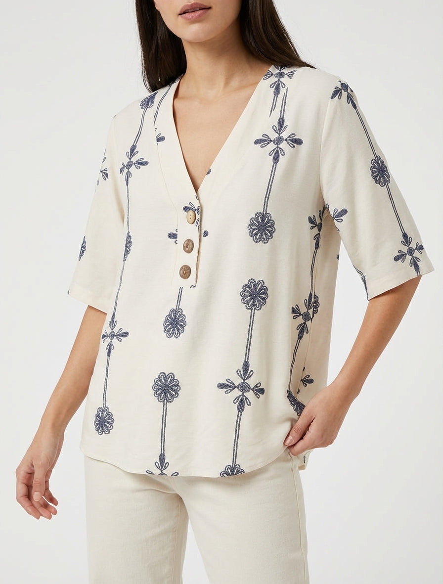 Top ampio a maniche corte con stampa floreale - Beige