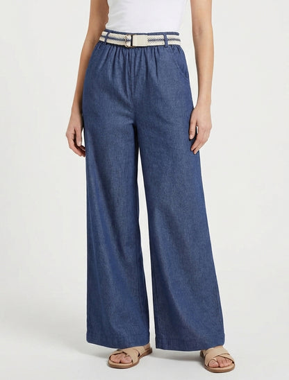 Pantaloni ampi a vita alta con cintura - Blu grezzo