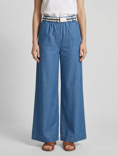 Pantaloni ampi a vita alta con cintura - Blu denim