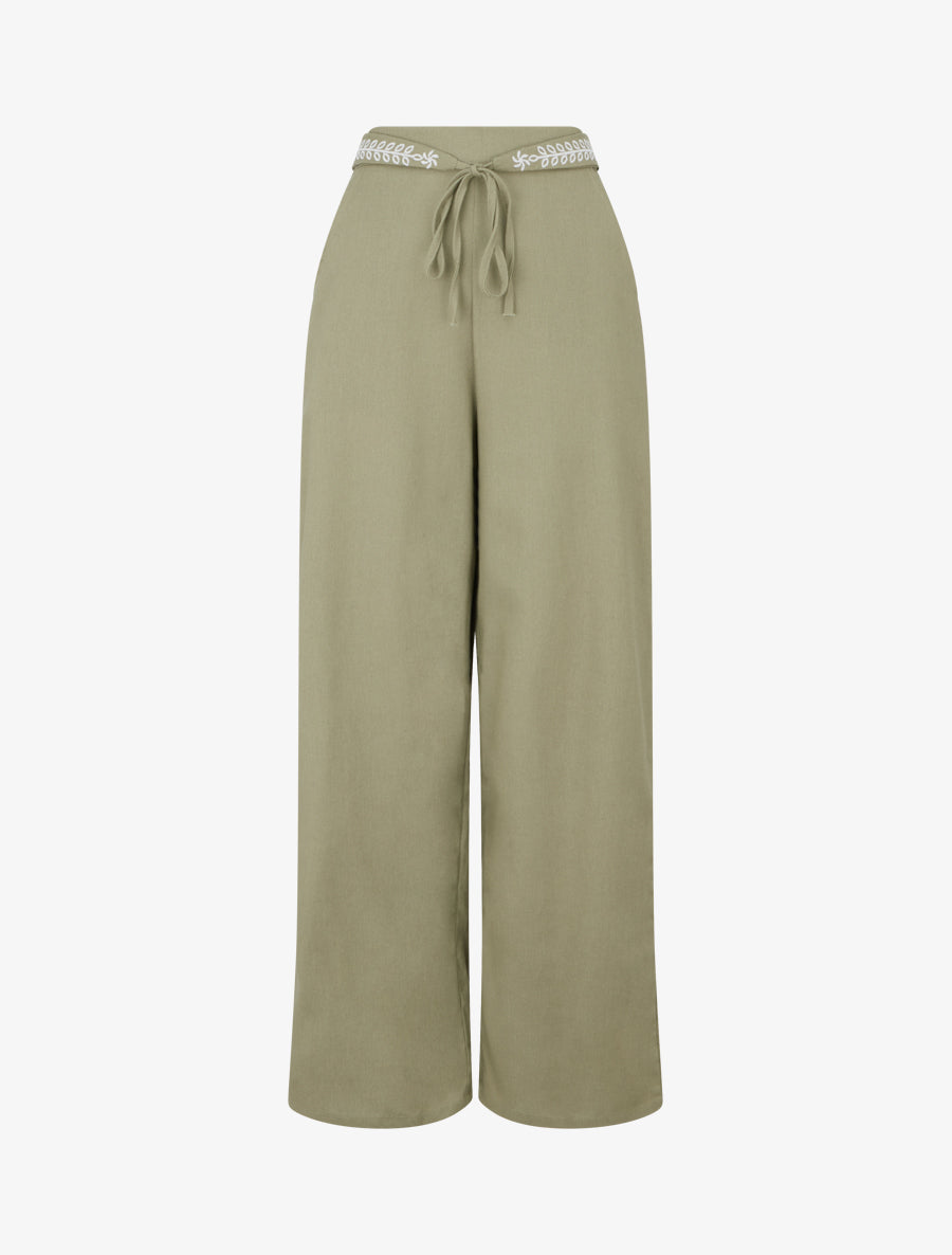 Pantalon ample uni à ceinture brodée - Kaki - 1