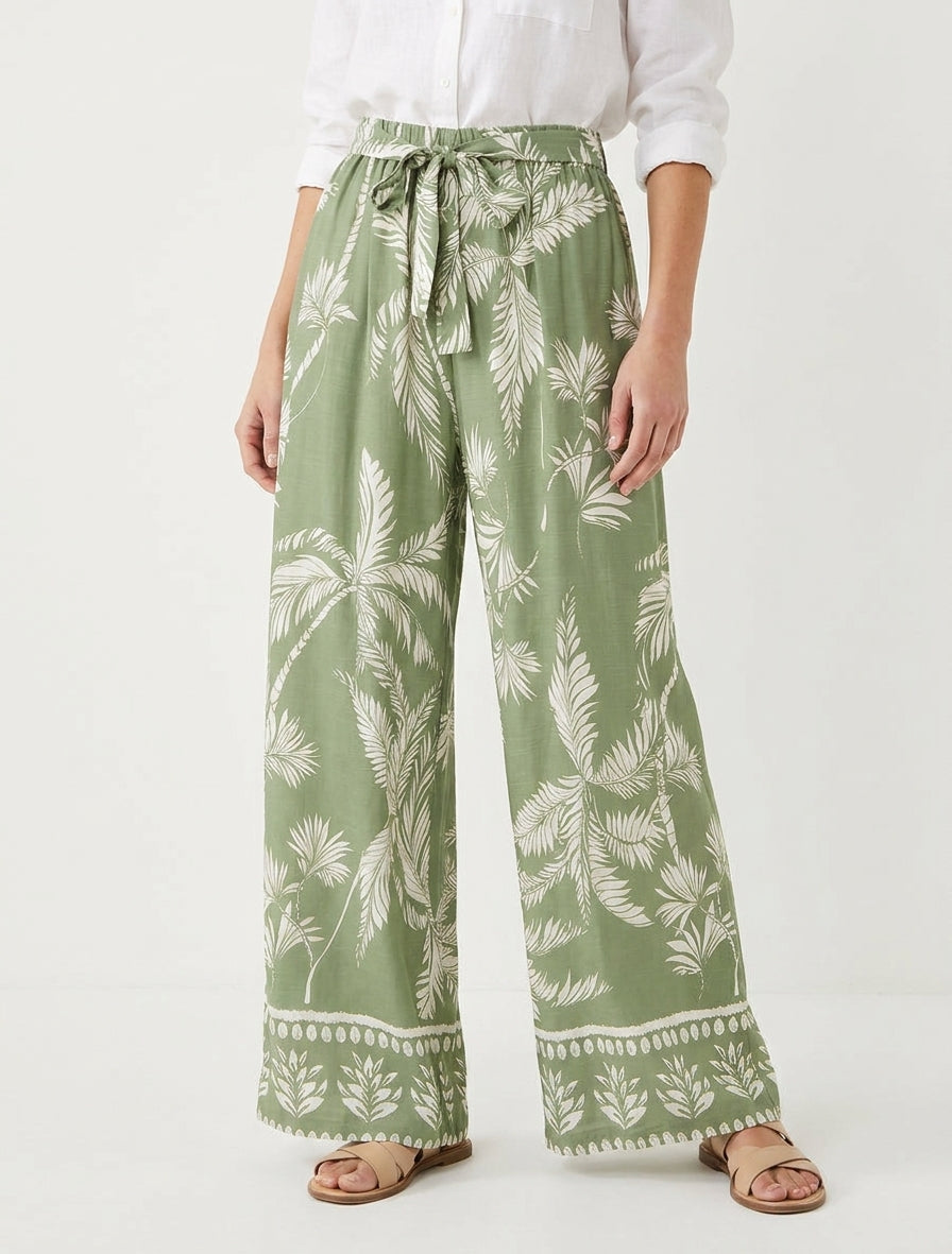 Pantaloni elastici fluidi stampati con fogliame - Cachi