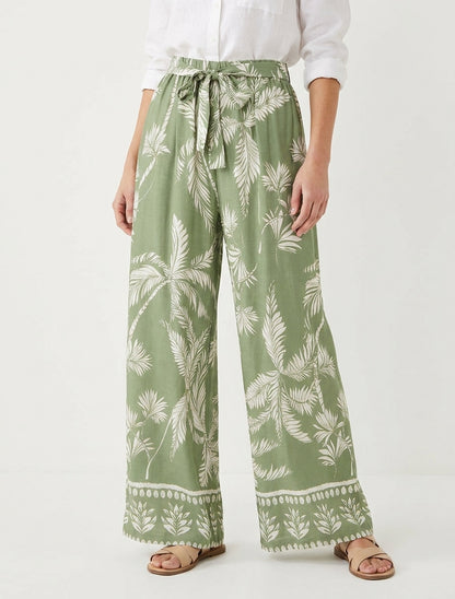 Pantaloni elastici fluidi stampati con fogliame - Cachi