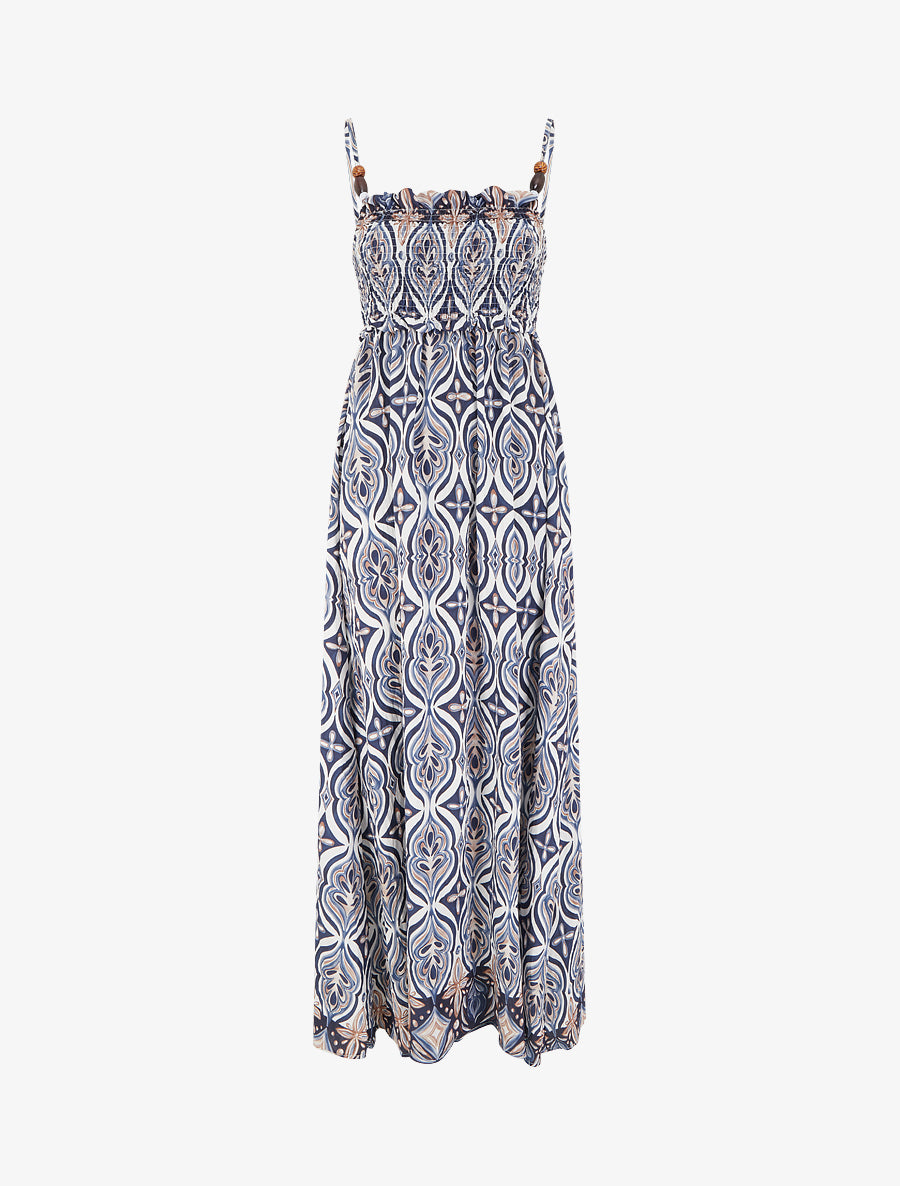 Robe longue à bretelles perlées et imprimé fantaisie - Marine - 1