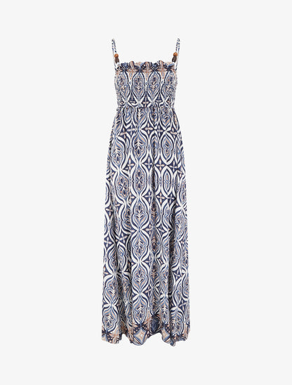 Robe longue à bretelles perlées et imprimé fantaisie - Marine - 1