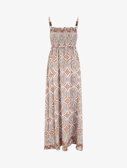 Robe longue à bretelles perlées et imprimé fantaisie - Beige - 1