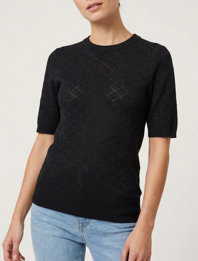 Maglione leggero con motivo a rombi traforati - Nero