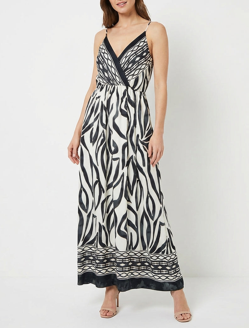 Abito lungo elasticizzato con stampa fantasia - Nero