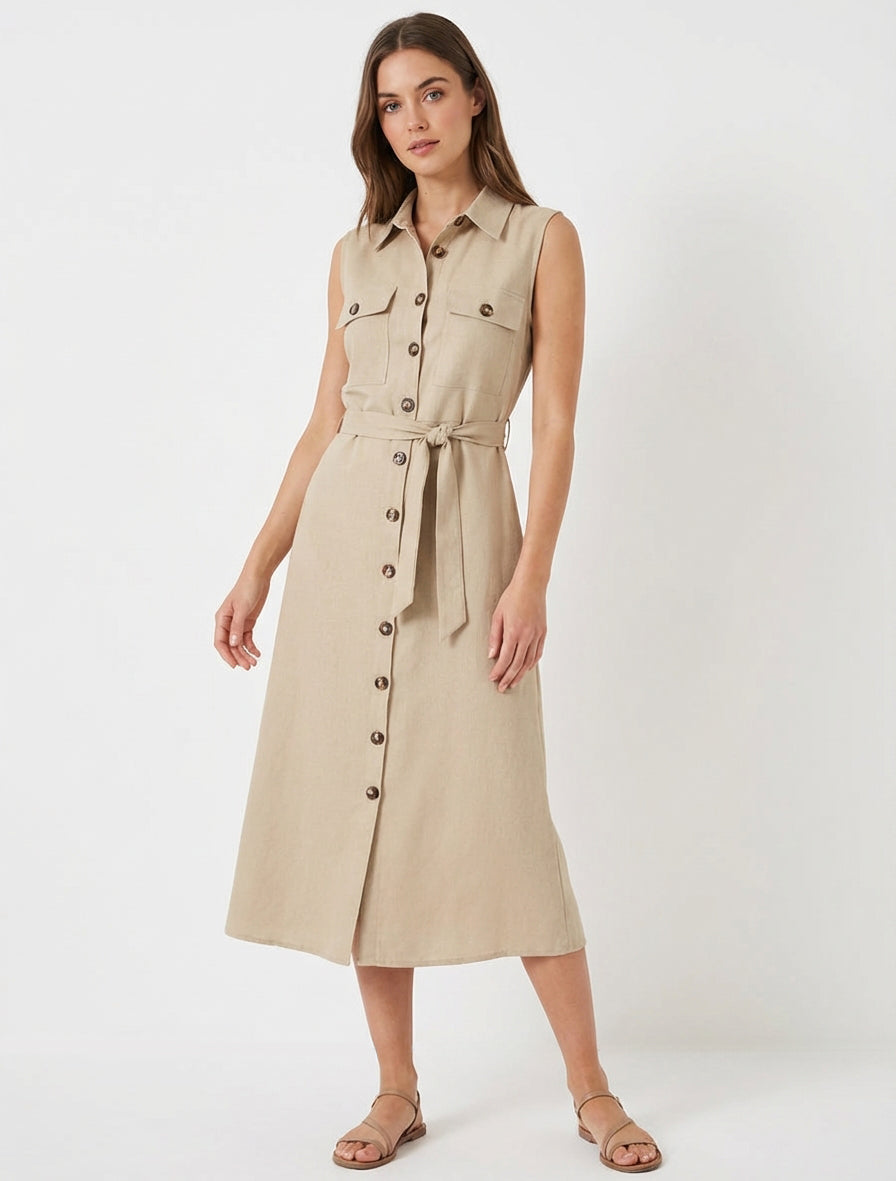 Abito camicia dritto senza maniche - Beige
