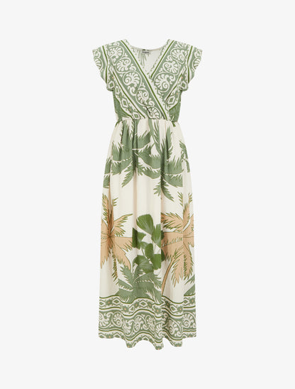 Robe longue imprimé feuillage à manches courtes - Vert - 1