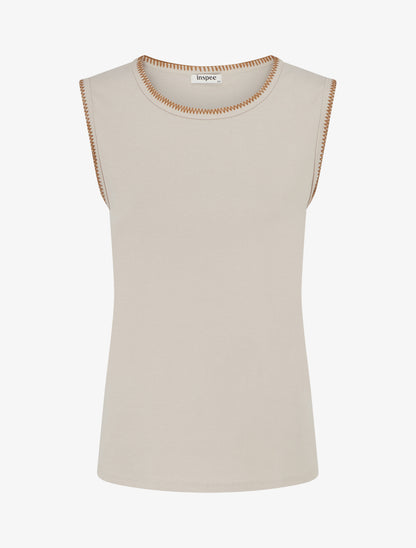 T-shirt uni sans manches à détail broderies - Beige - 1