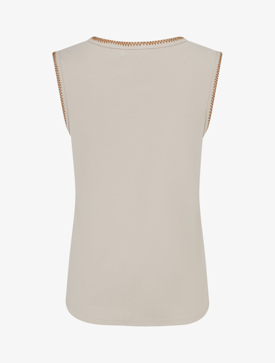 T-shirt uni sans manches à détail broderies - Beige - 2