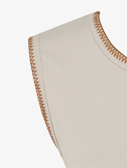 T-shirt uni sans manches à détail broderies - Beige - 3