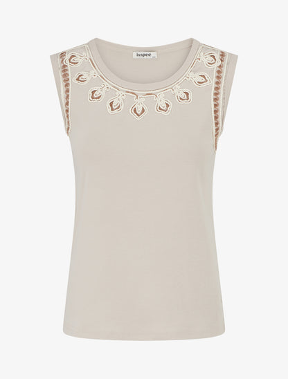 T-shirt uni sans manches à col stylisé - Beige - 1
