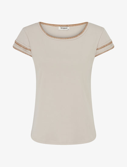 T-shirt uni à manches courtes stylisées - Beige - 1